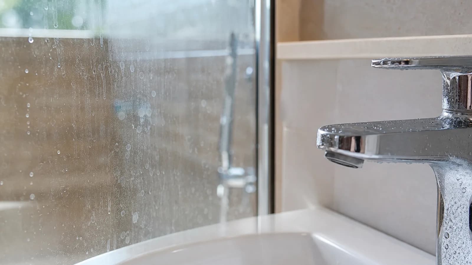 A chrome tap and glass shower screen showing faint white limescale spotting as droplets dry