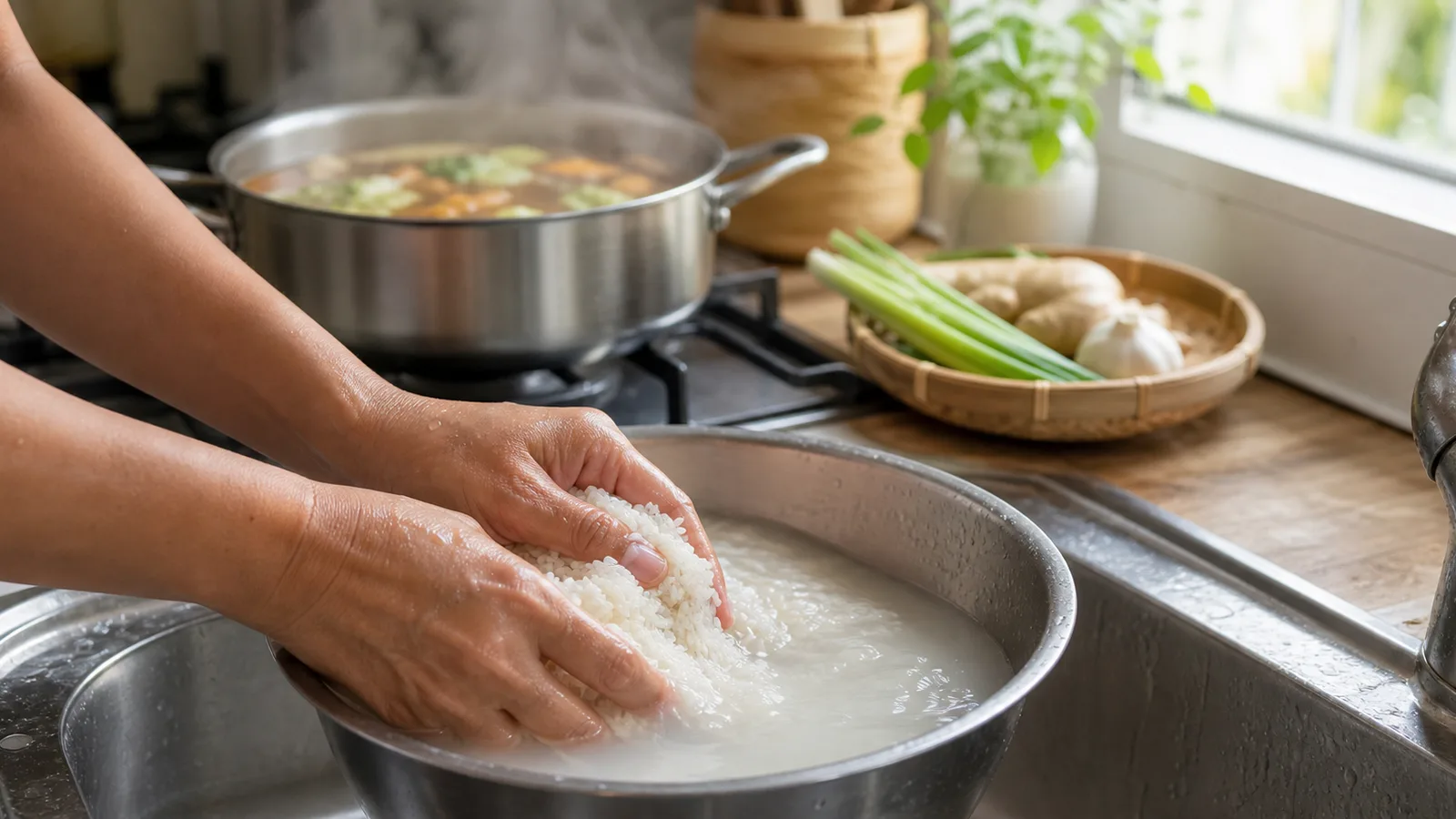 Hands rinsing rice in a metal bowl at a kitchen sink with a pot of broth simmering behind