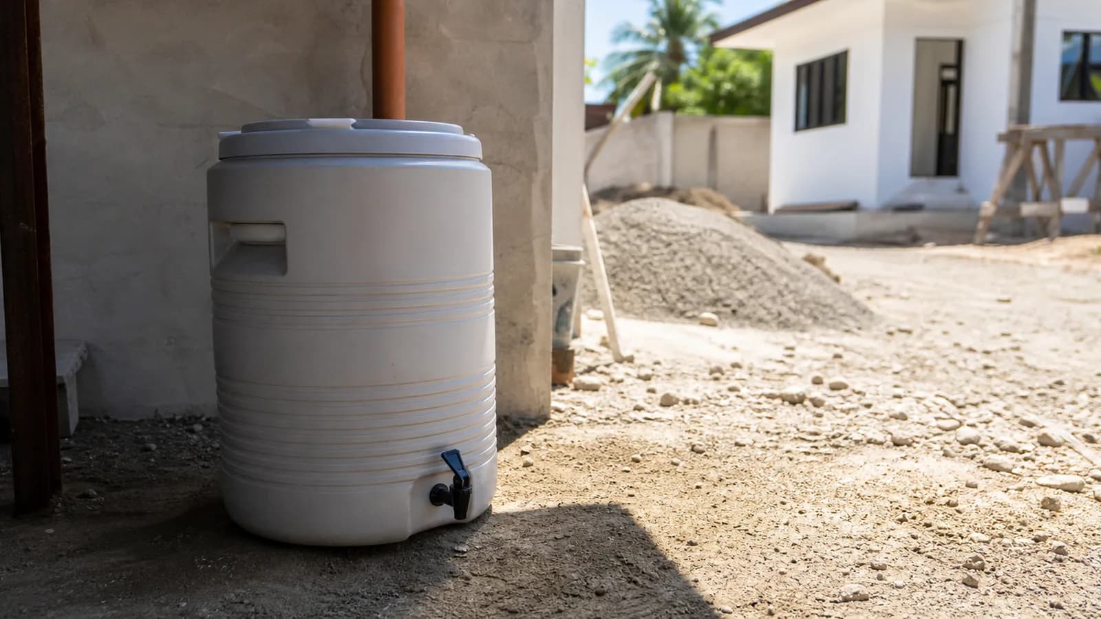 A large insulated water jug with a spigot standing on rough ground under partial shade at an outdoor work site