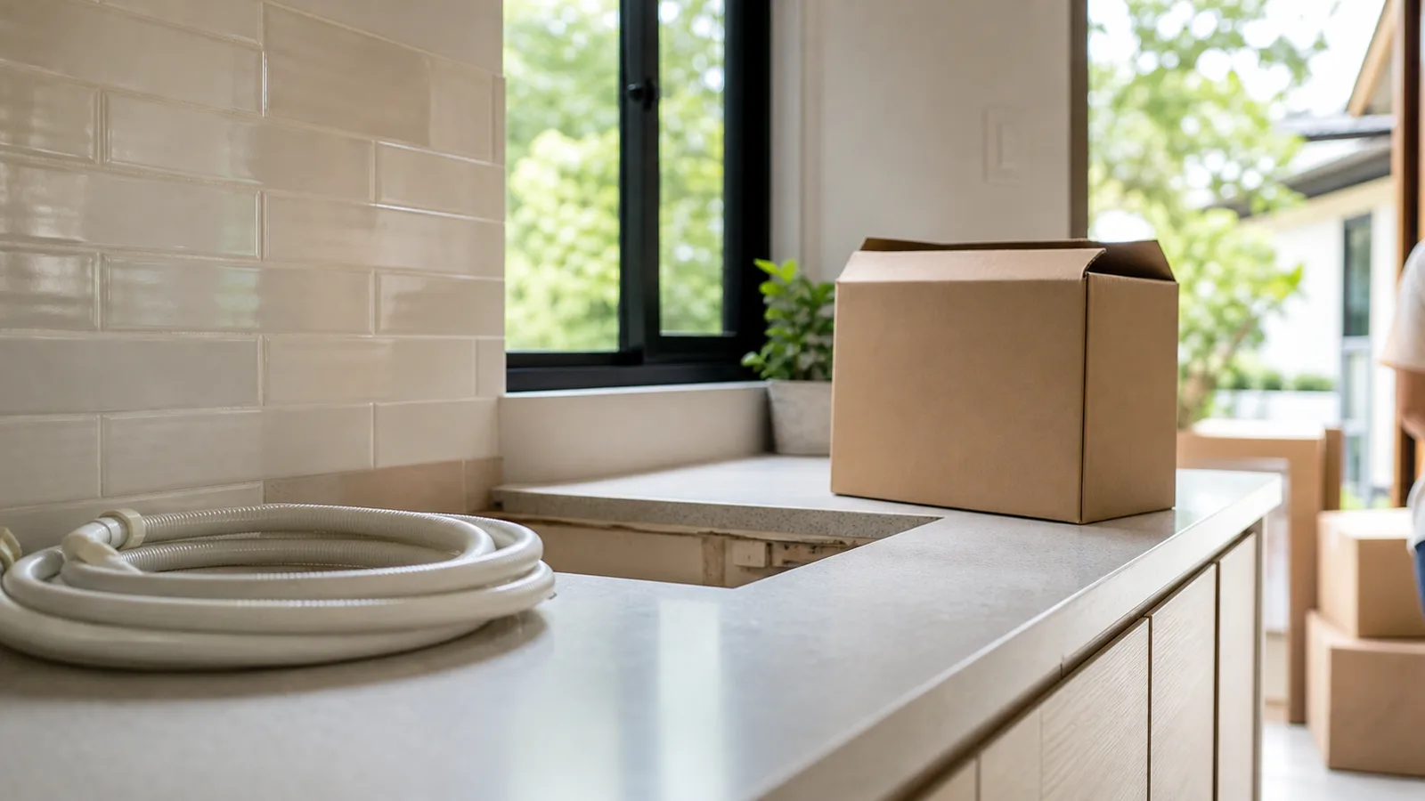 A cleared kitchen counter on moving day with a coiled hose and a cardboard box beside an empty space
