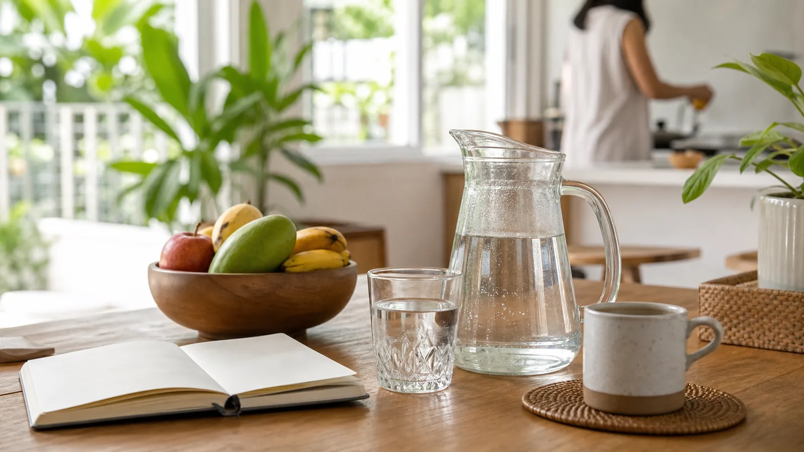 A calm Saturday kitchen table with a glass pitcher of water, fruit, an open notebook and a coffee cup