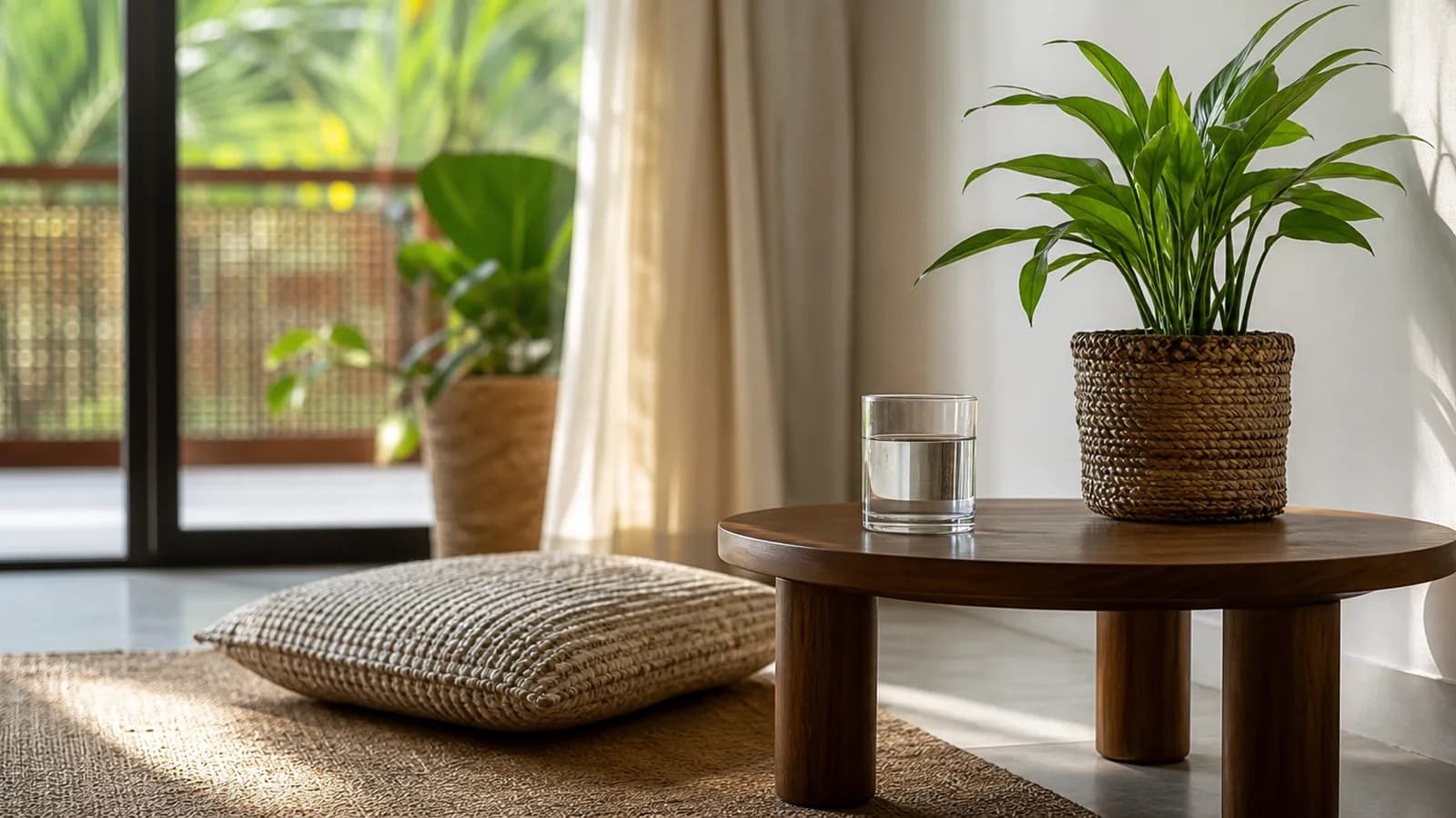 A quiet corner of a room with a floor cushion, a potted plant and a low table holding a glass of water