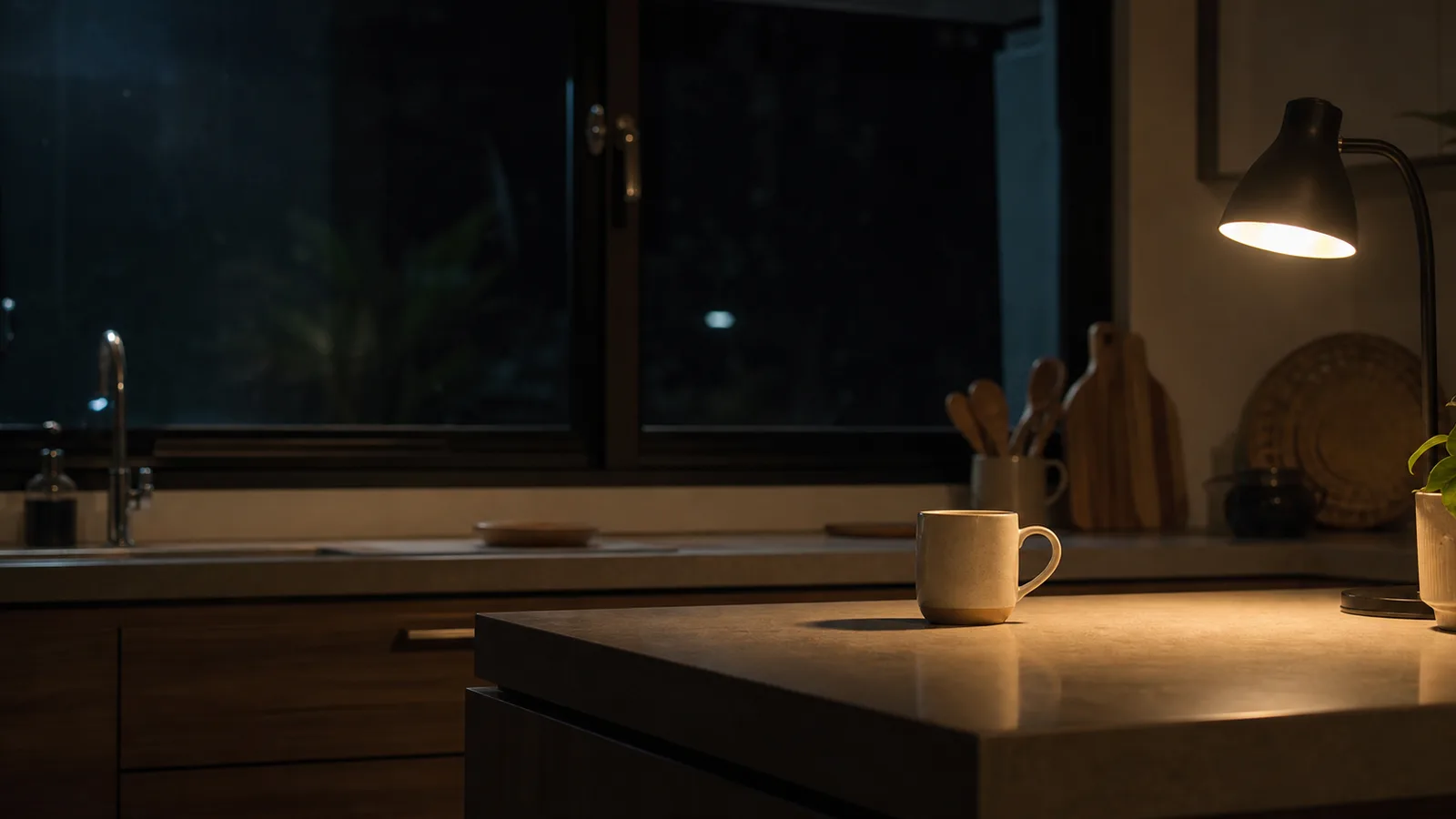 A kitchen at night lit by a single small lamp, with a mug on the counter and a dark window behind