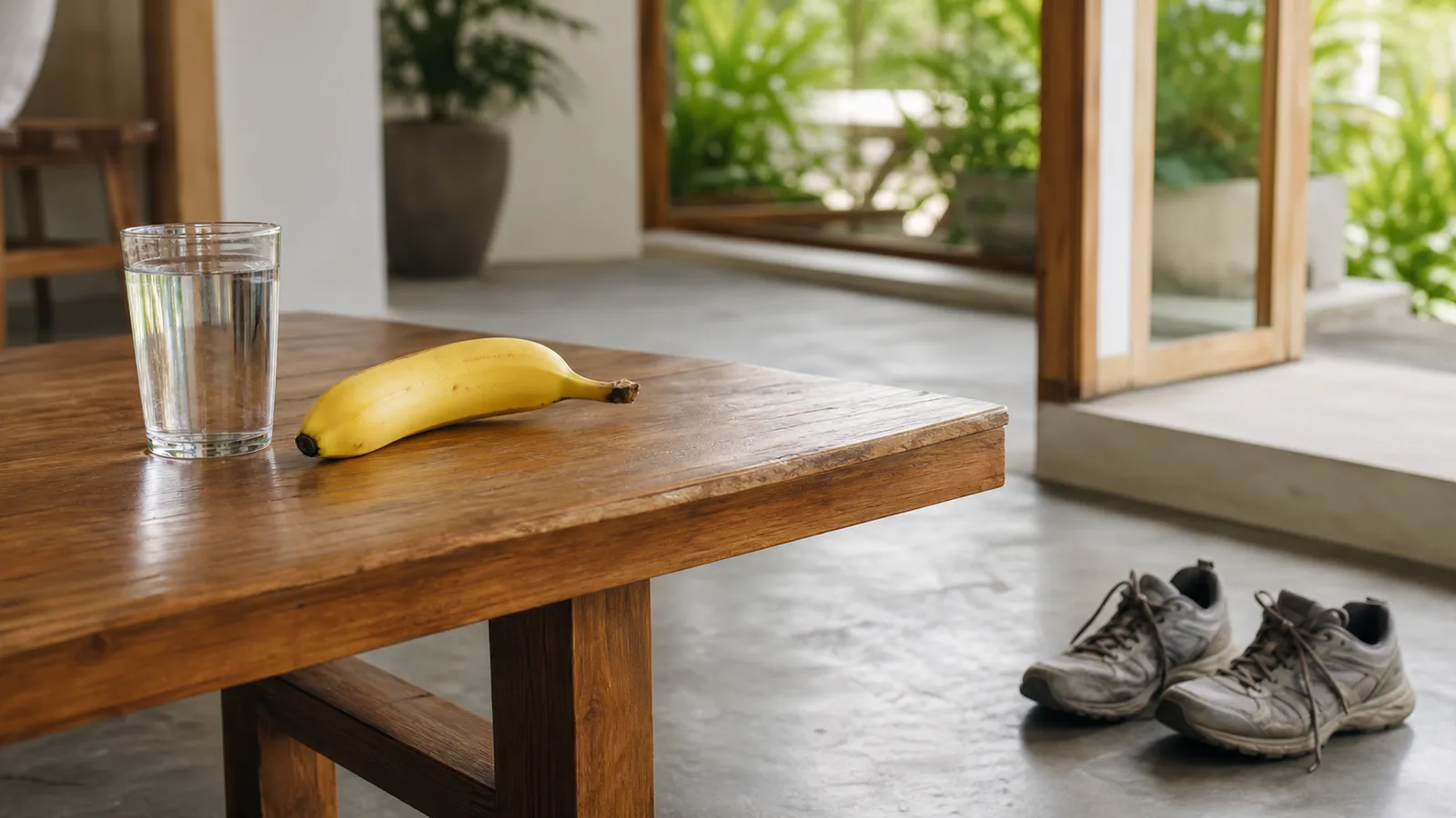 A plain wooden table with a glass of water and a banana, and worn walking shoes on the floor beside it