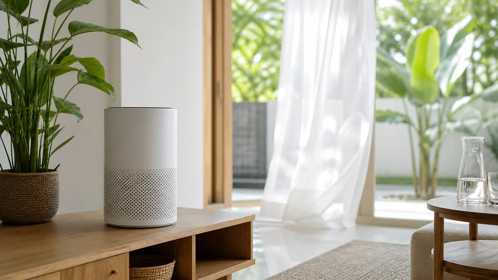 A small white air purifier on a low wooden shelf beside an open window with sheer curtains