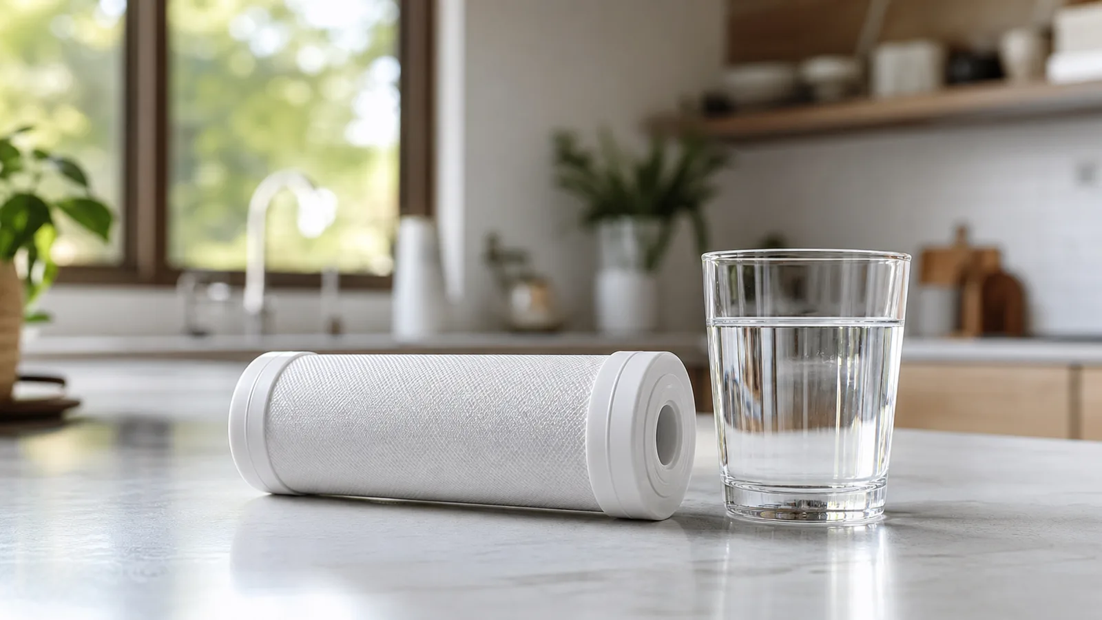 A plain white cylindrical water filter cartridge on a clean kitchen counter beside a glass of water