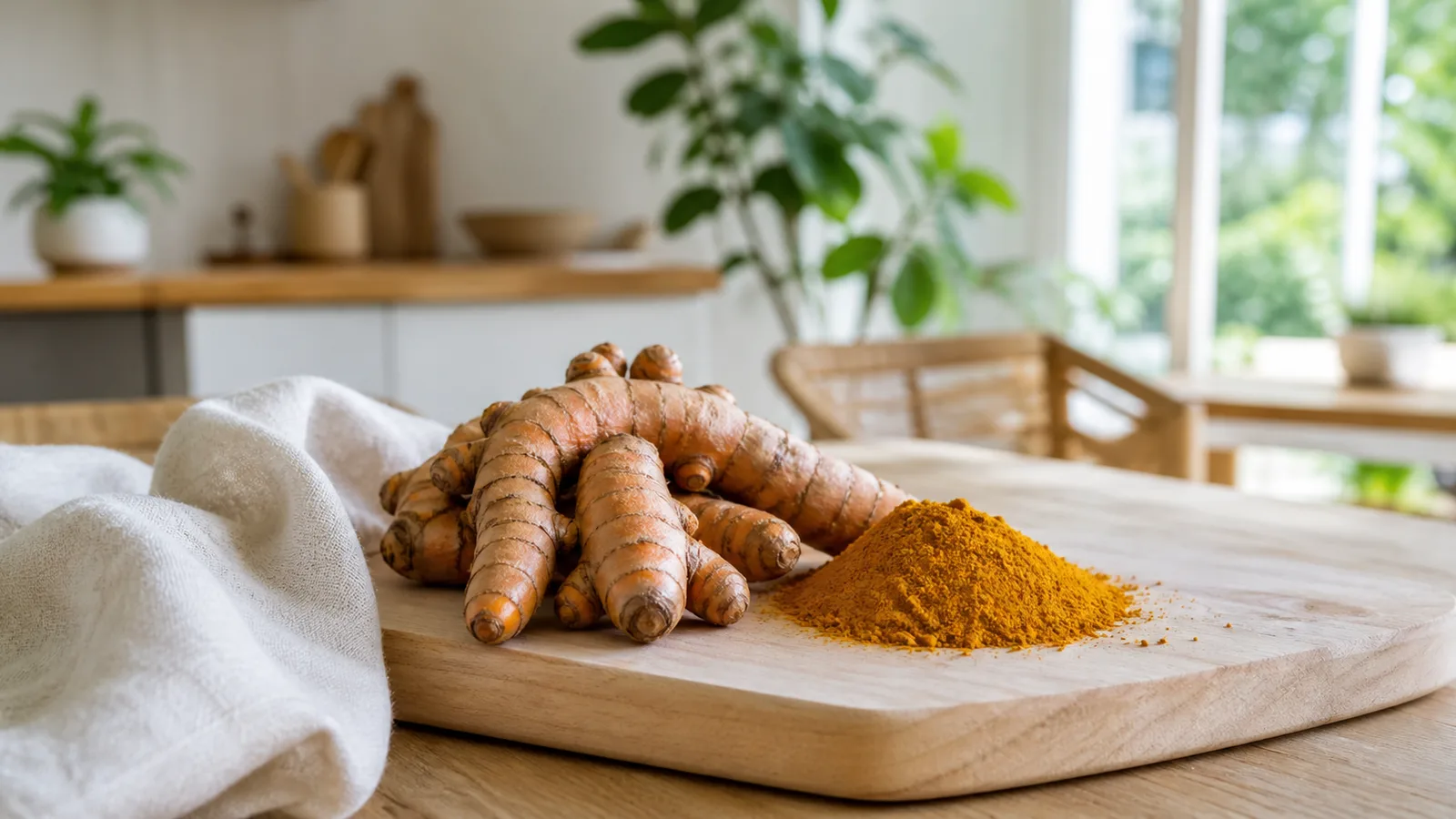 Fresh turmeric rhizomes and a mound of golden turmeric powder on a wooden board