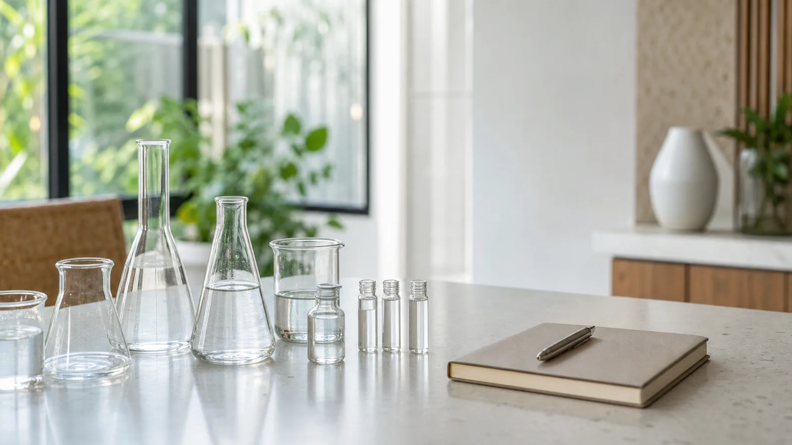 A tidy laboratory bench with plain unlabelled glassware, a closed notebook and a pen