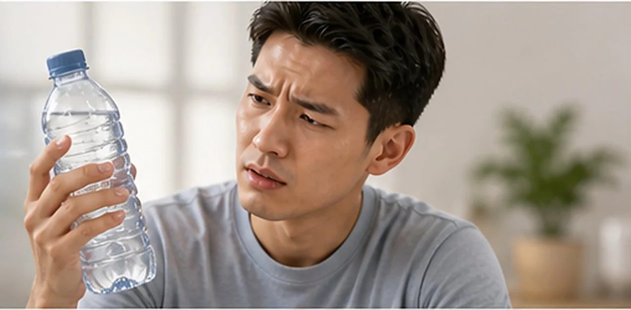A man looking closely at a plastic bottle of water in a bright room