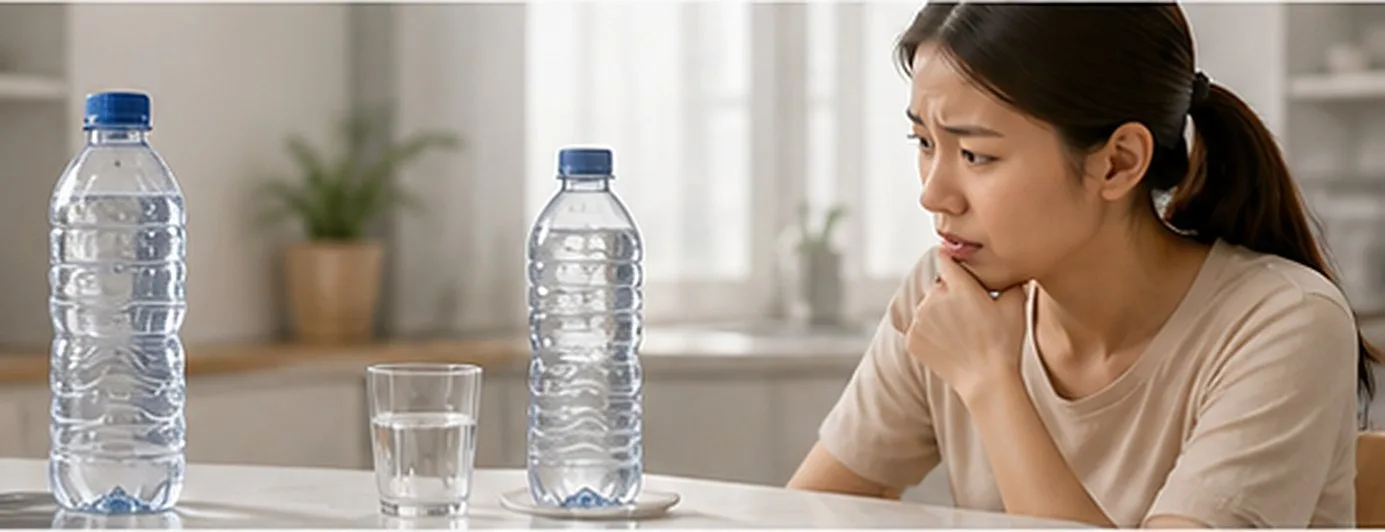 Plastic water bottles collected on a kitchen counter