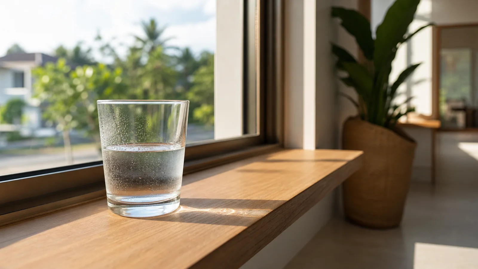 A half-full glass of still water left on a sunlit windowsill