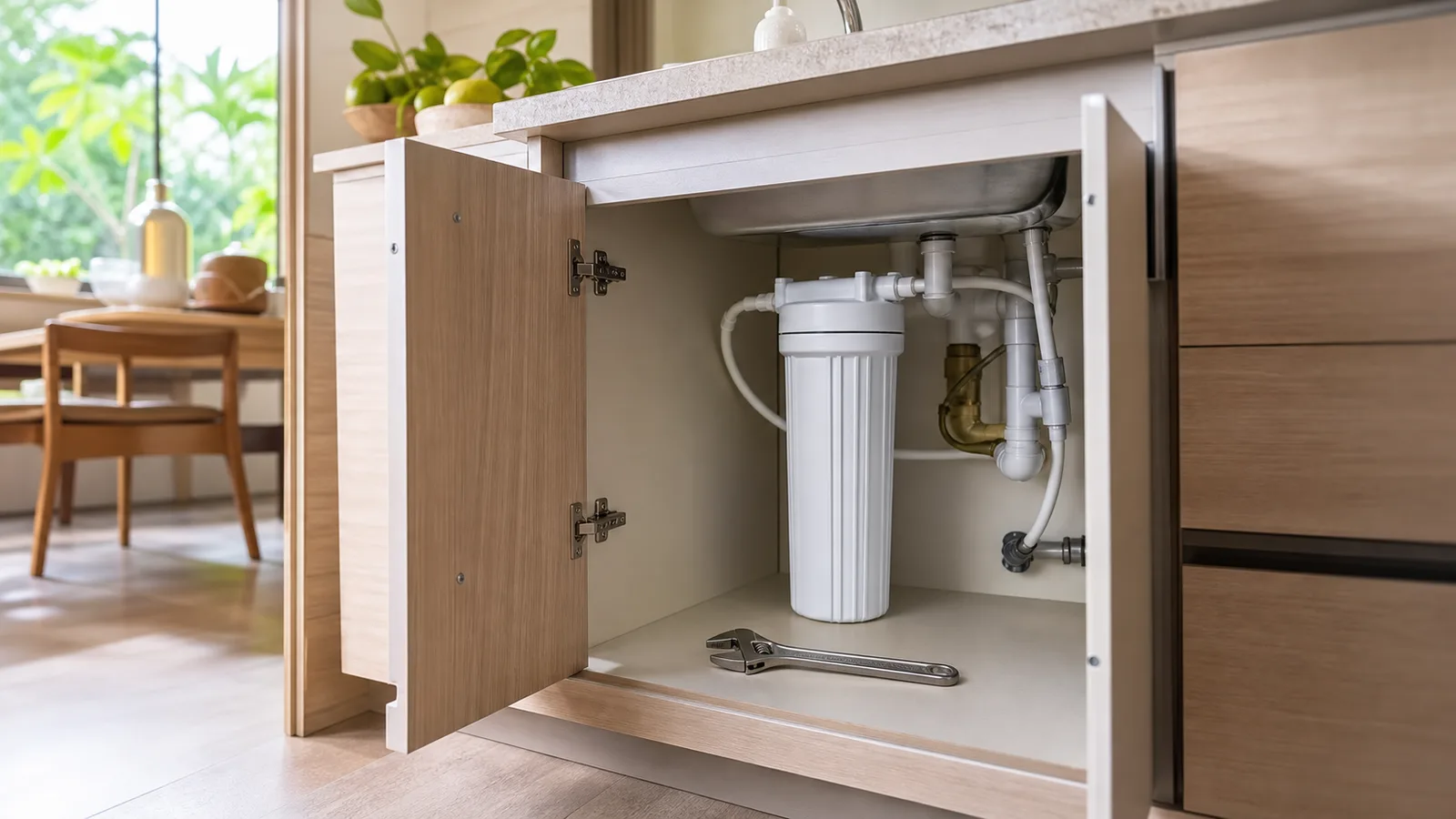 An open under-sink cabinet showing a plain white filter housing with an adjustable wrench beside it