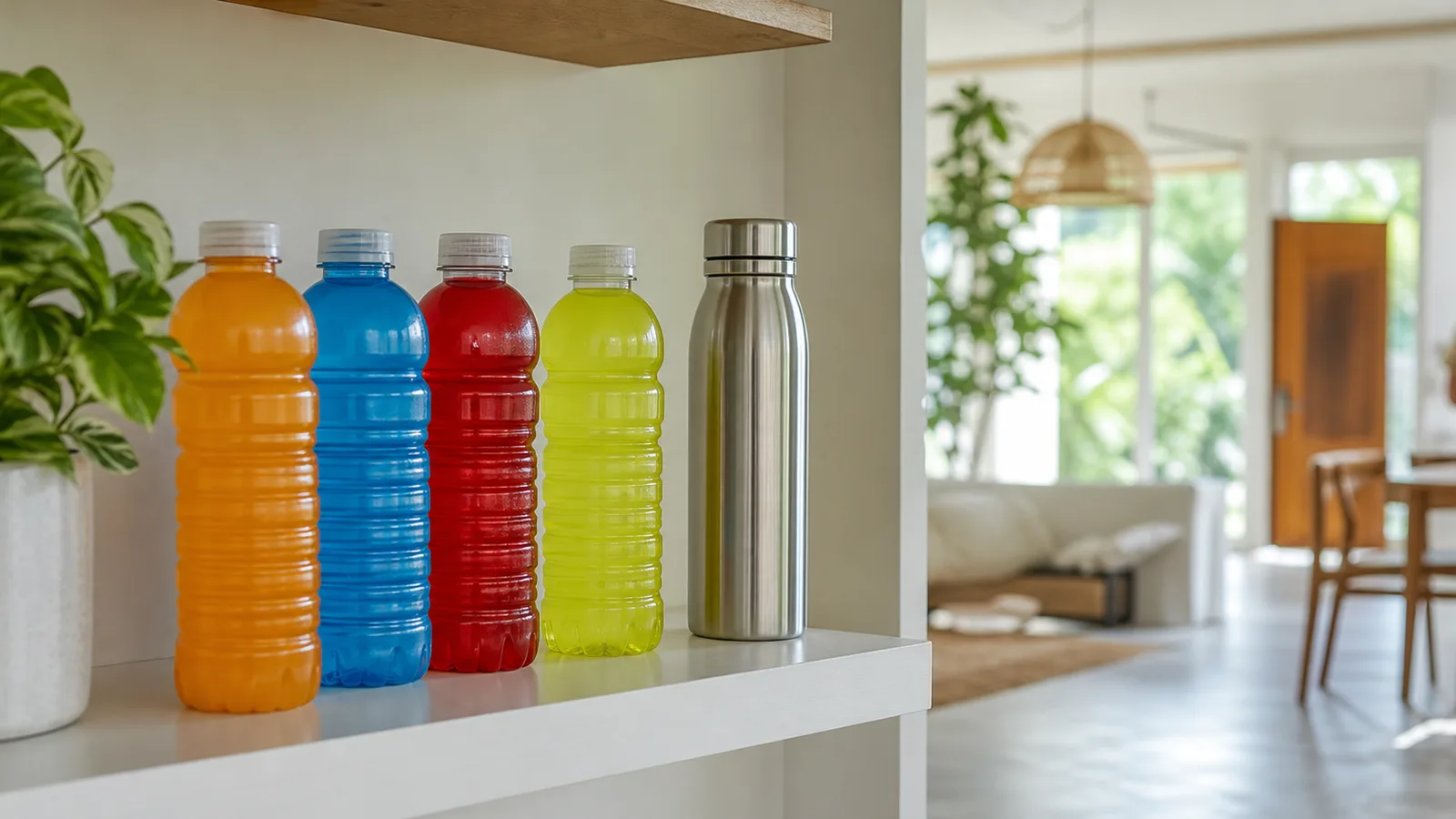 A shelf of brightly coloured unlabelled plastic sports drink bottles beside one plain stainless steel bottle