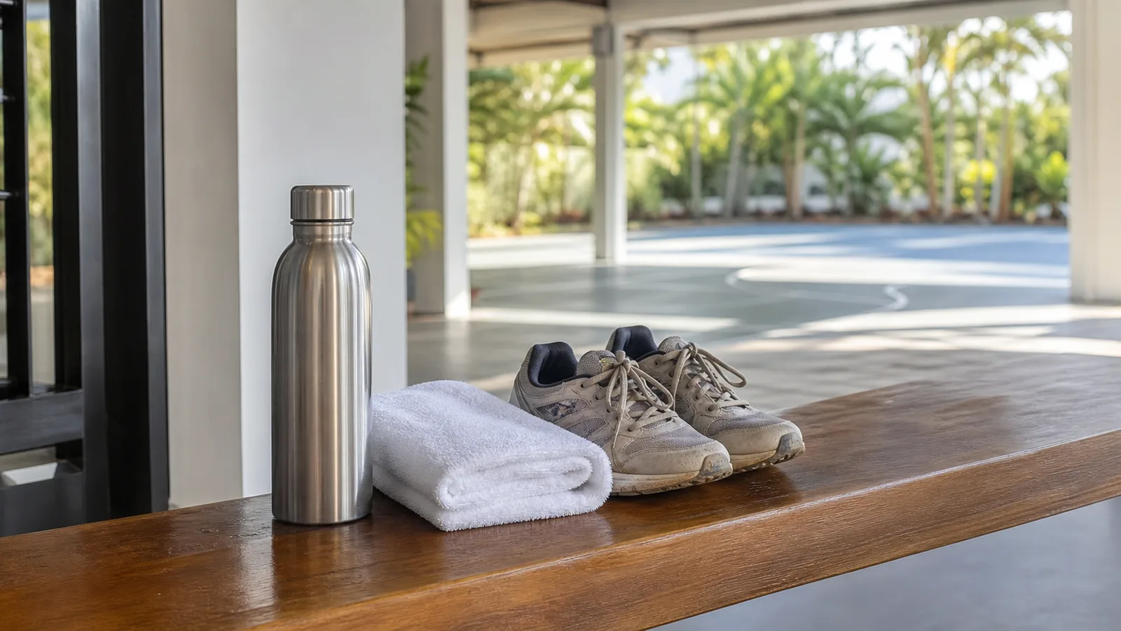 A stainless water bottle and folded towel on a wooden bench beside worn running shoes