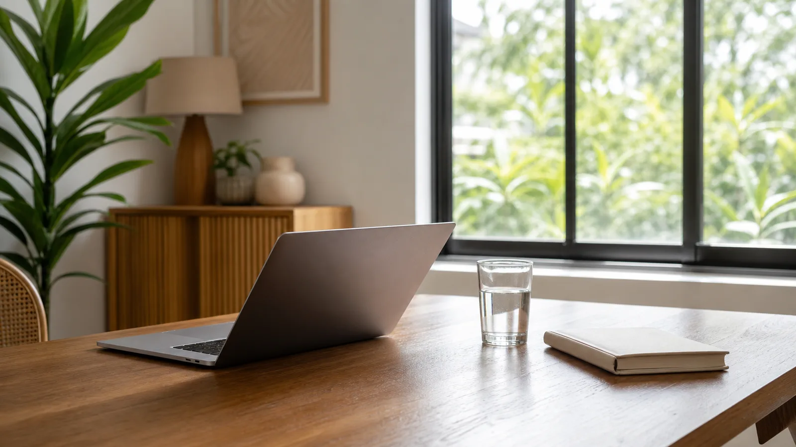 A tidy desk with a half-closed laptop, a plain glass of water and a notebook beside an office window