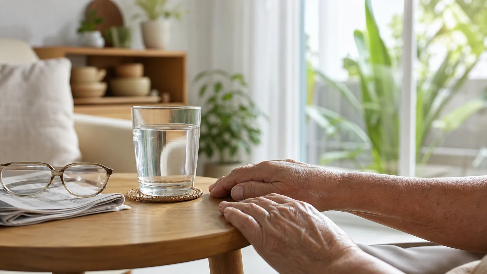 An older person's hands beside a glass of water on a side table with reading glasses and a newspaper