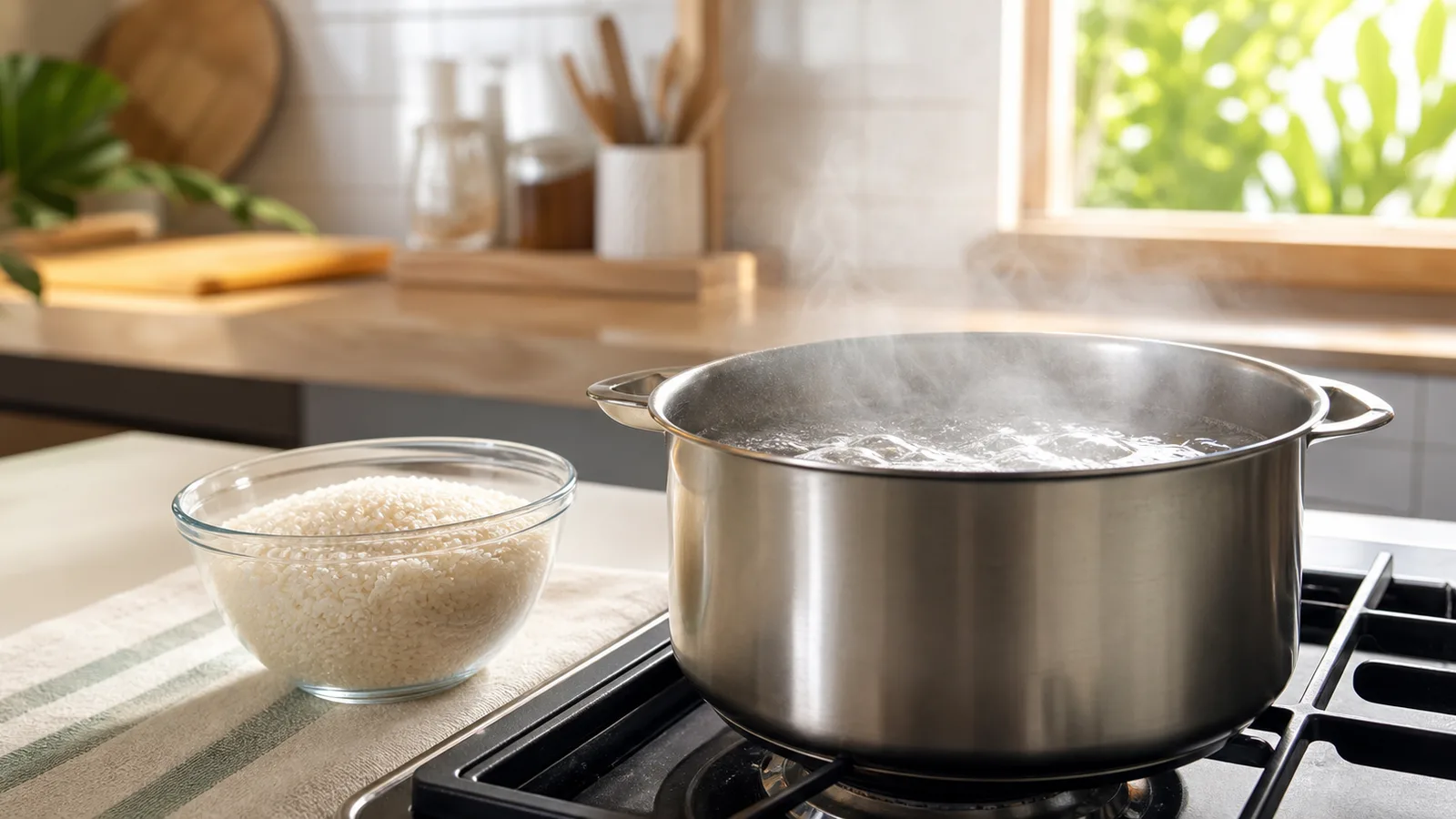 A pot of water coming to the boil on a stovetop with rice measured in a bowl beside it