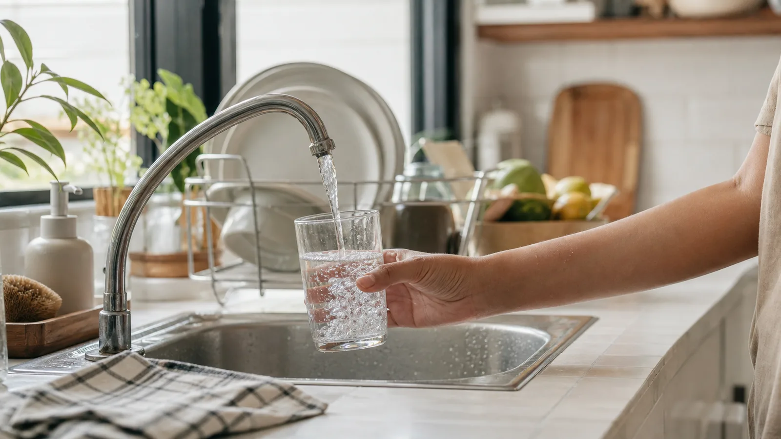 An ordinary lived-in kitchen counter with a glass being filled at the sink and a dish rack nearby