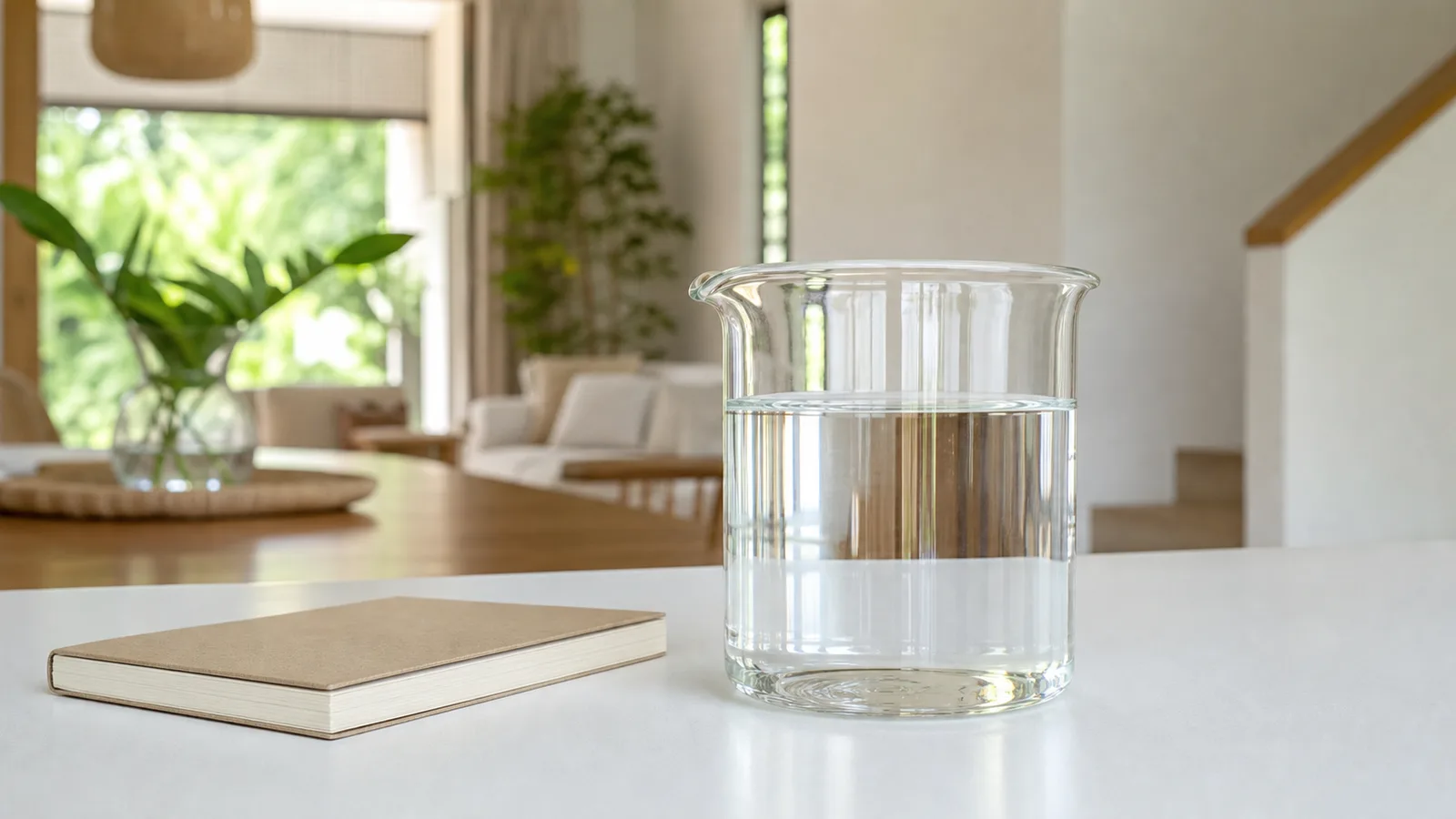A clean glass beaker of clear water on a white surface beside a small notebook
