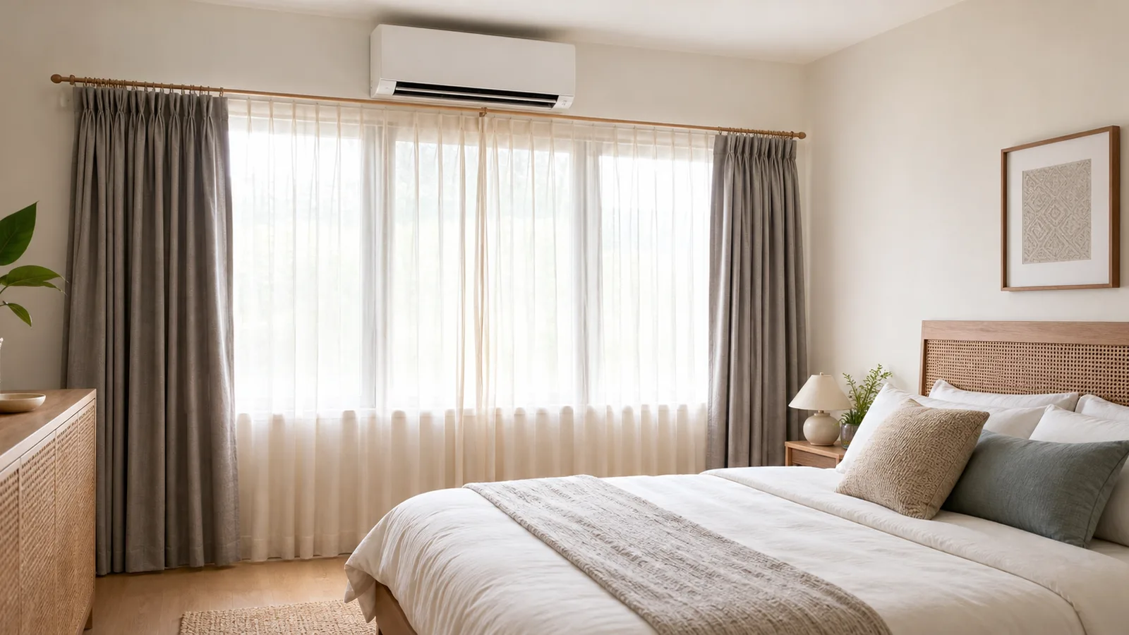 A tidy bedroom with a wall-mounted air-conditioning unit above closed windows and curtains half drawn