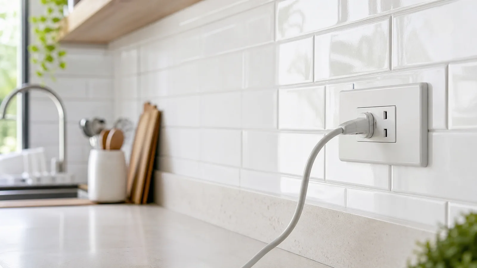 A wall power outlet above a kitchen counter with a single plug inserted
