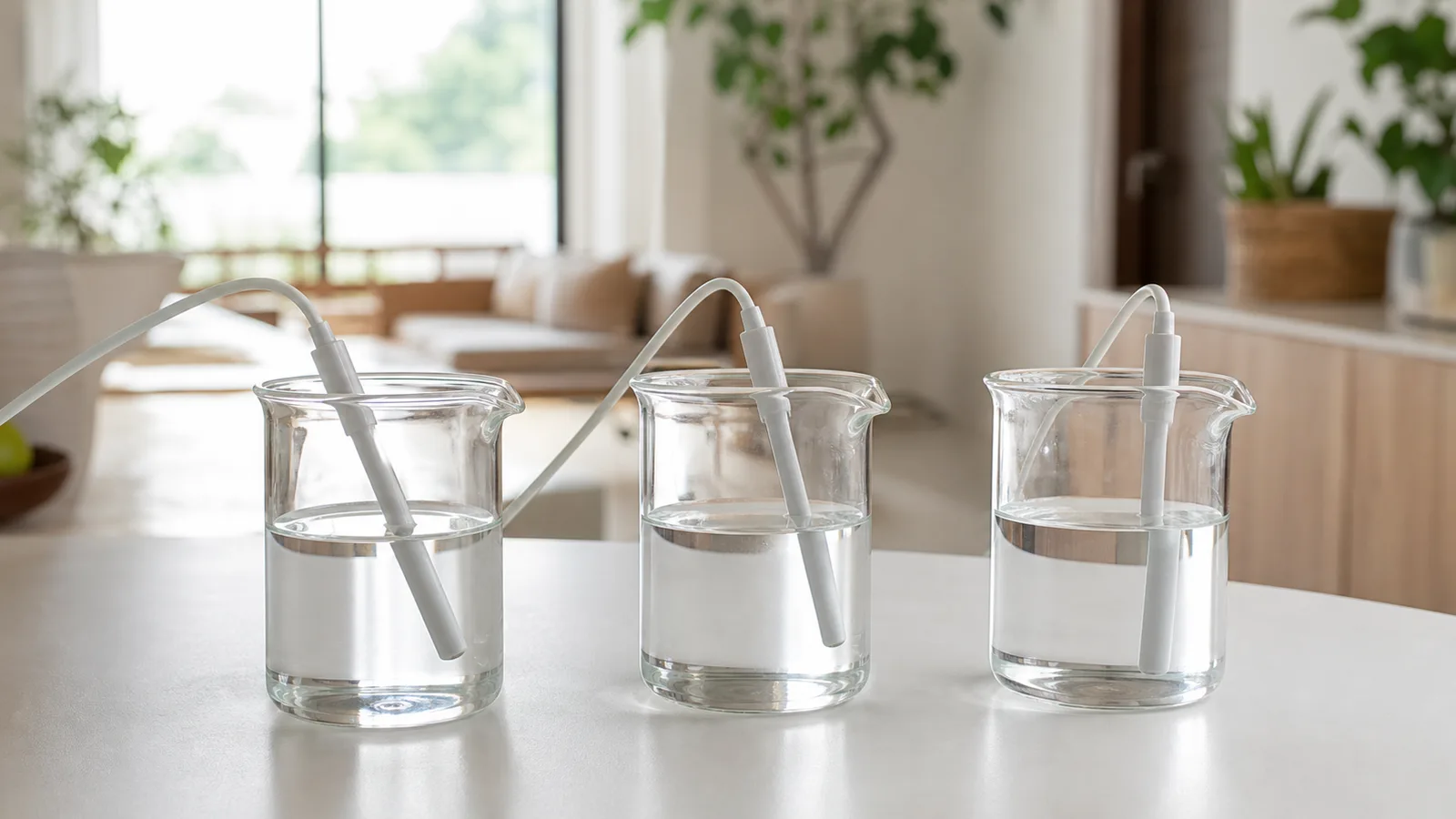 Three small glass beakers of water in a row on a white surface, each with a thin probe resting in it