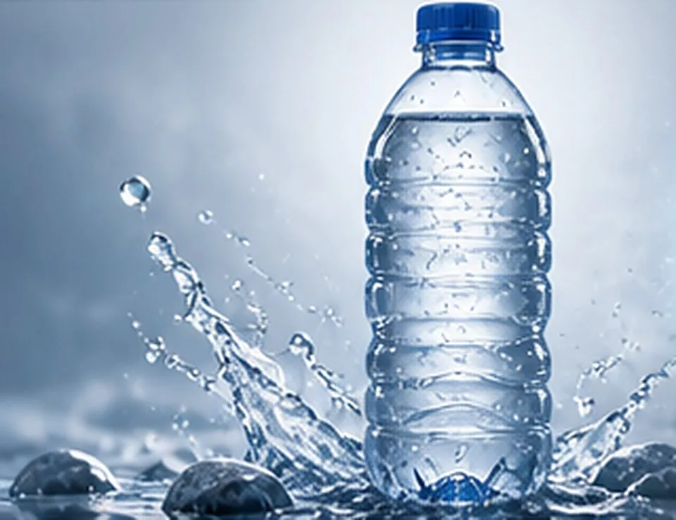 A plastic water bottle surrounded by splashing water