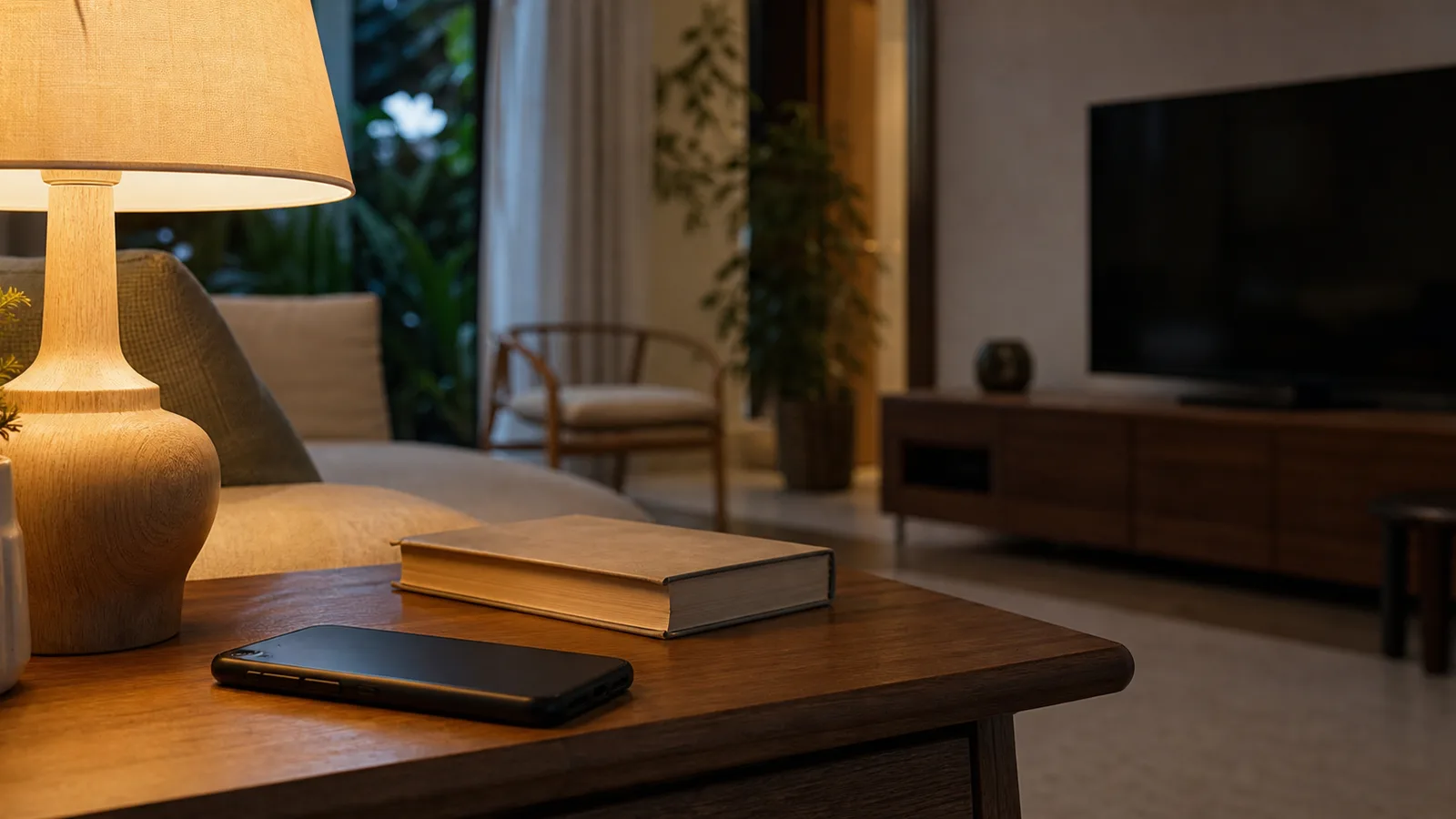 A dim living room in the evening with a phone face down beside a warm lamp and a closed book