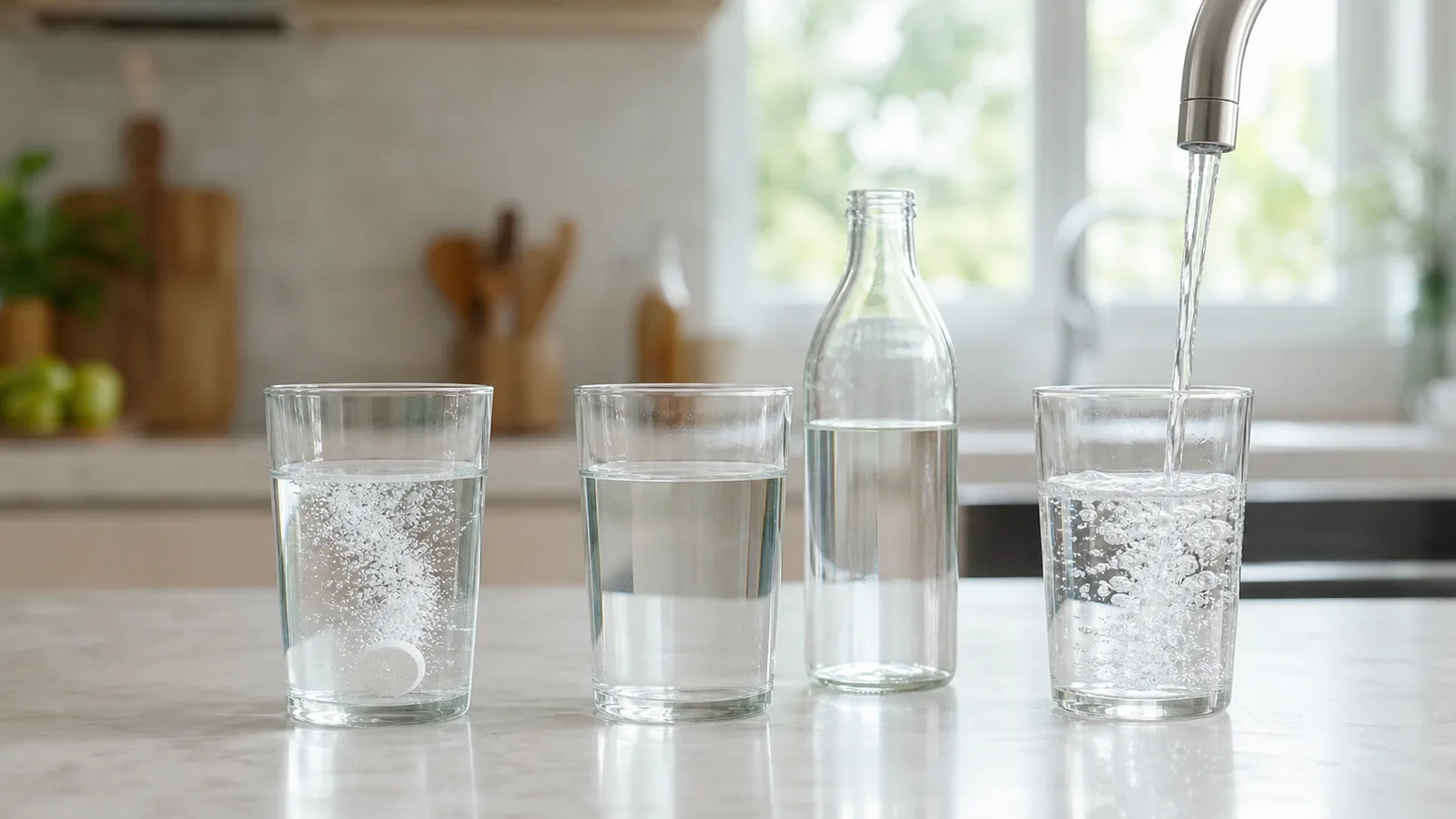 Three glasses of water in a row on a counter — one with a tablet fizzing, one beside a bottle, one under a running tap