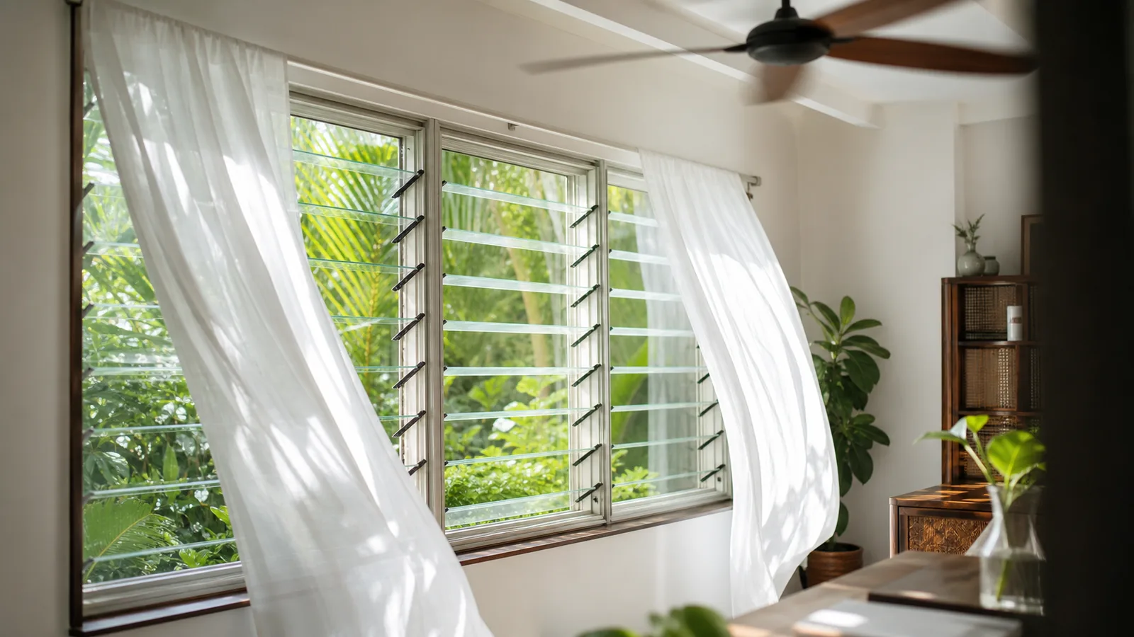 An open jalousie window with white curtains lifting in a breeze and greenery outside