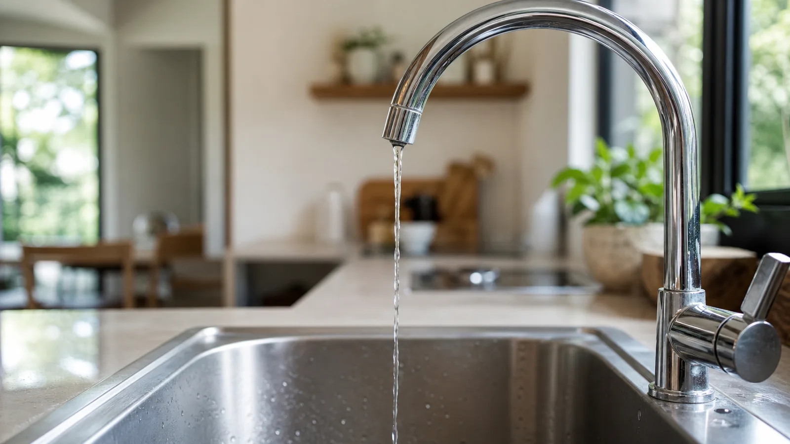 A close view of a chrome kitchen tap running a thin weak stream into a stainless sink
