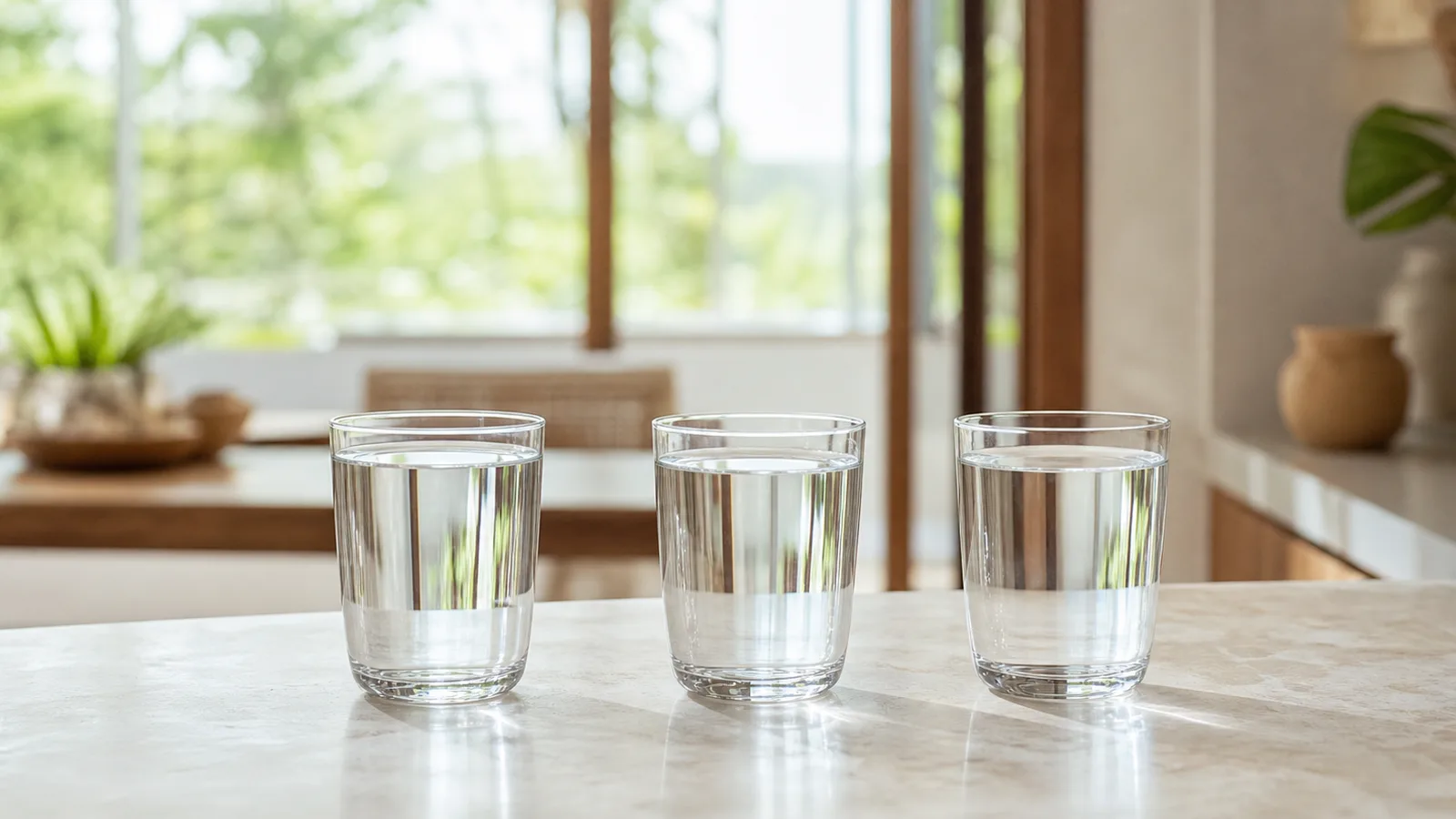 Three plain drinking glasses of water in a row on a pale stone counter in window light