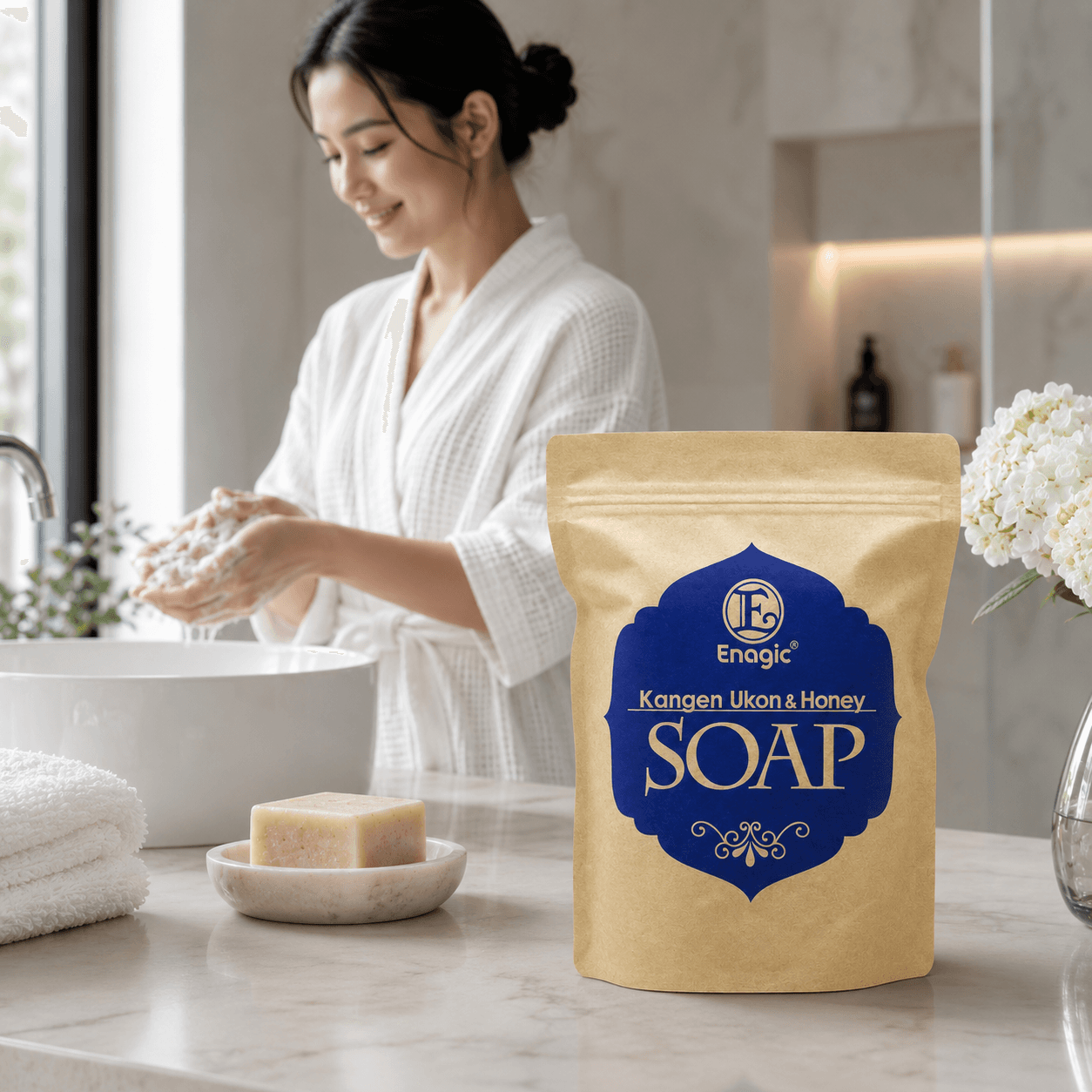 Kangen Ukon & Honey Soap in a modern bathroom