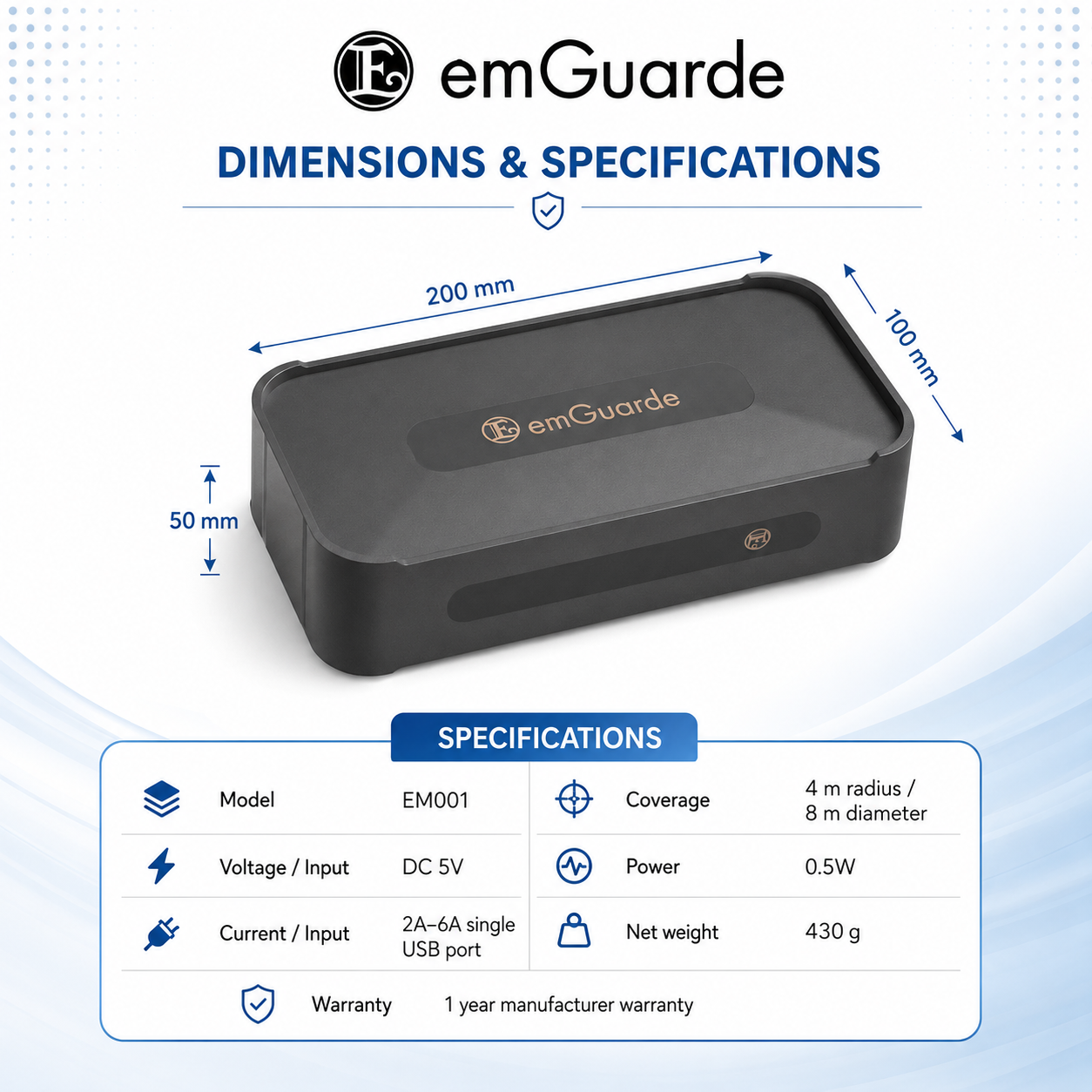 emGuarde dimensions: 200 × 100 × 50 mm, 430 g