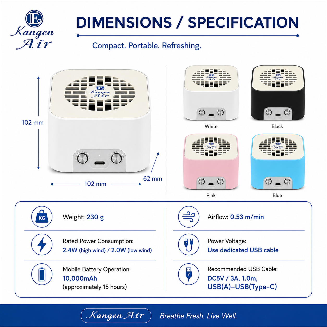 Kangen Air dimensions: 102 × 102 × 62 mm, 230 g per unit