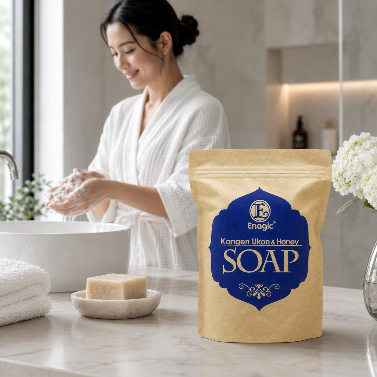 Kangen Ukon & Honey Soap in a modern bathroom