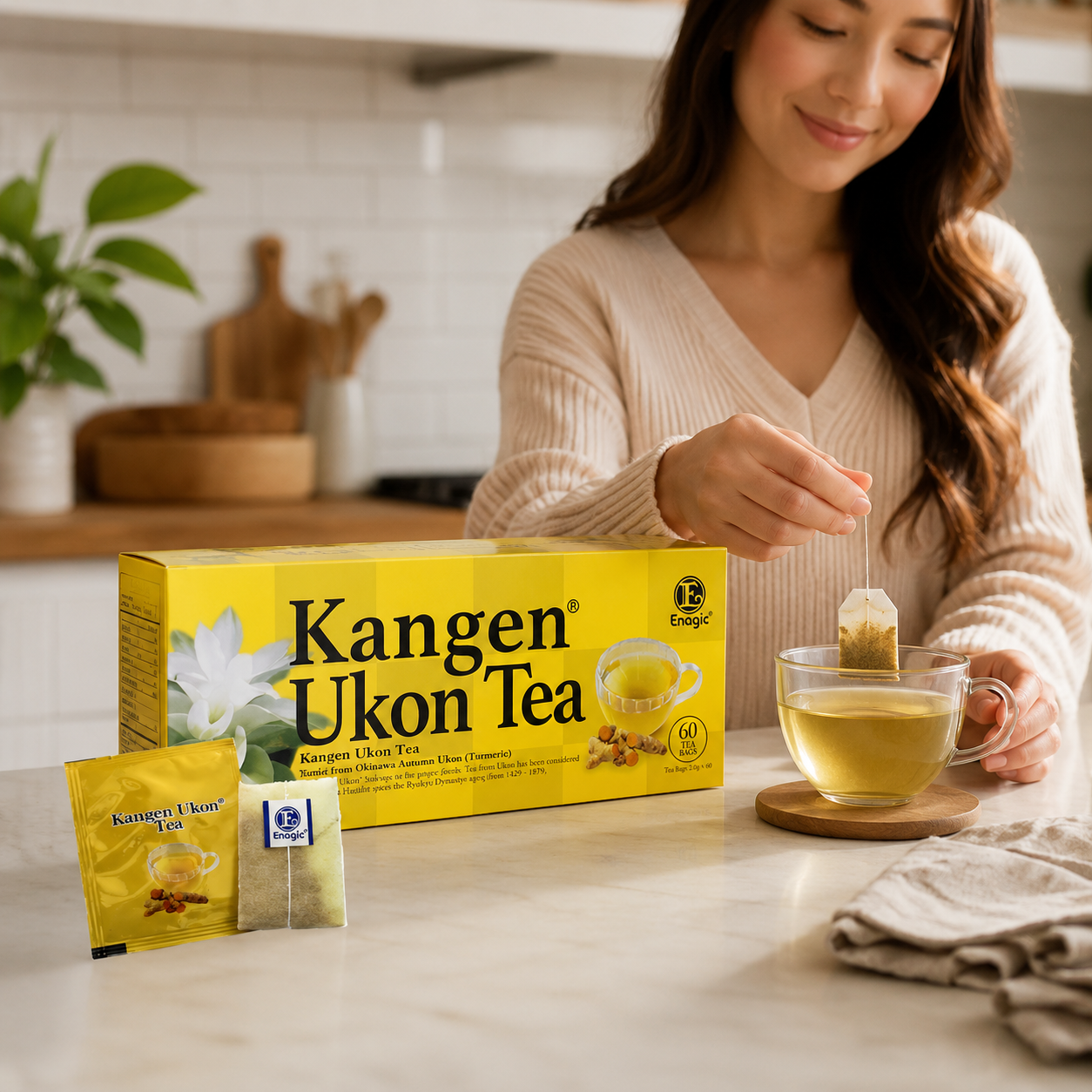Kangen Ukon Tea brewed in a modern kitchen