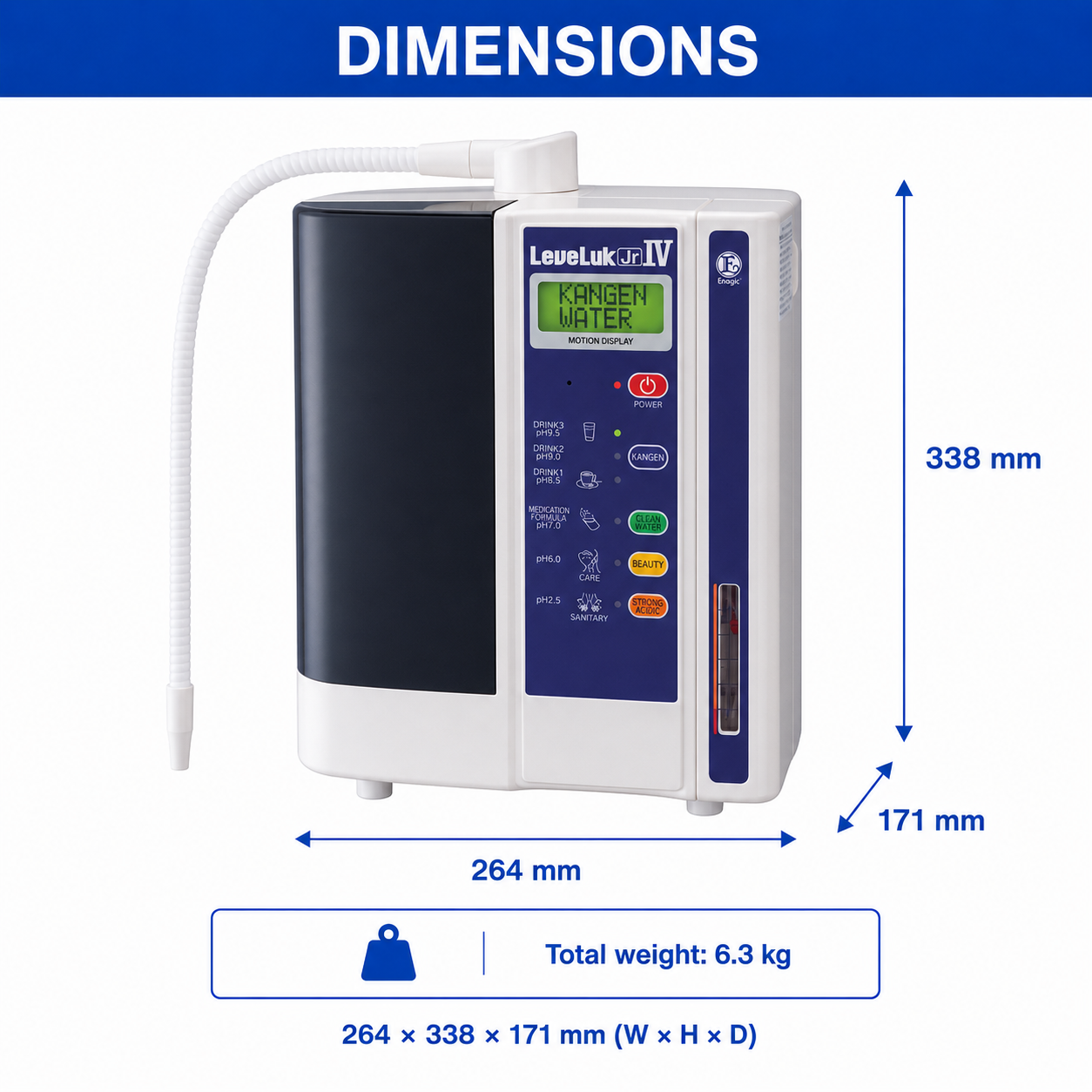 Leveluk Jr. IV dimensions: 264 × 338 × 171 mm, total weight 6.3 kg