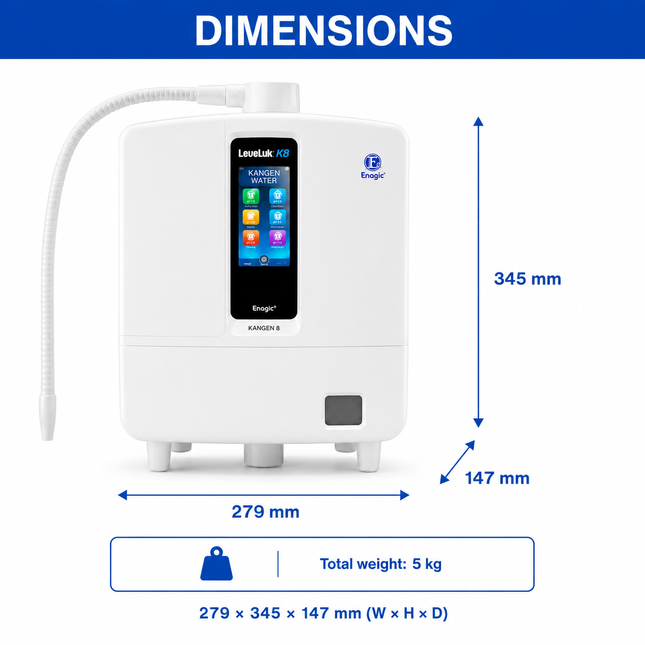 Leveluk K8 dimensions: 279 × 345 × 147 mm, total weight 5 kg
