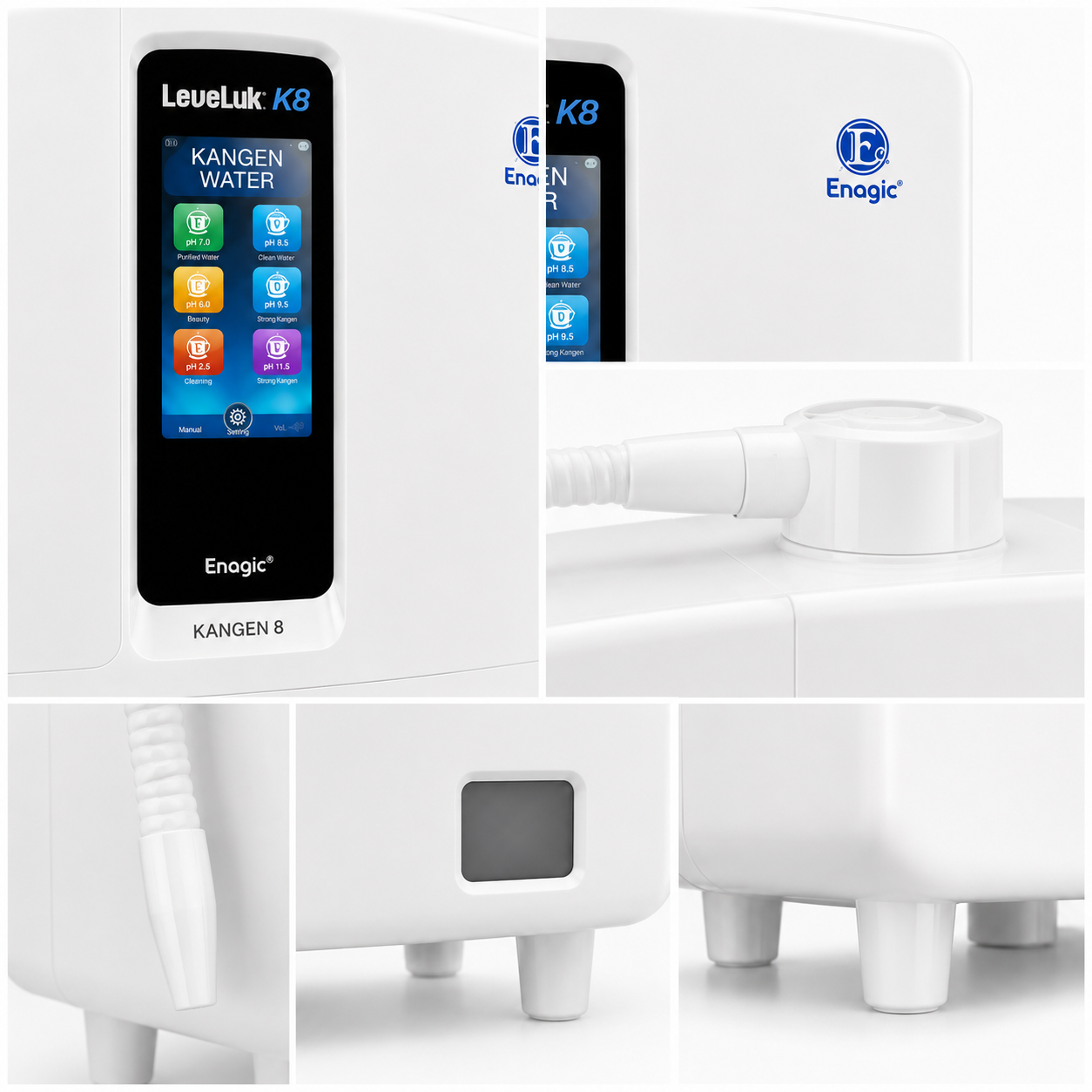 Leveluk K8 — close-up details: LCD panel, hose connector, cleaning port and feet
