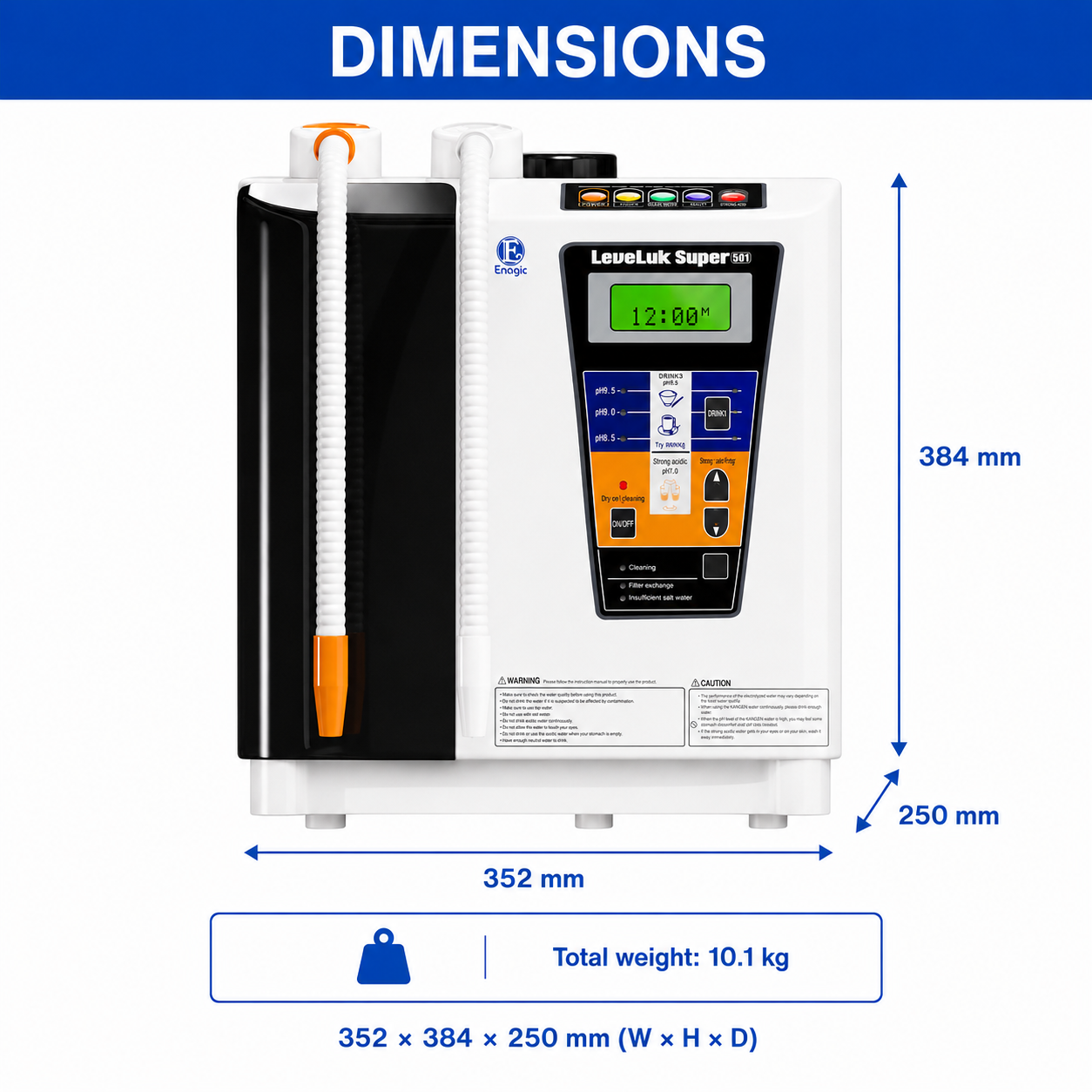 Leveluk Super 501 dimensions: 352 × 384 × 250 mm, total weight 10.1 kg